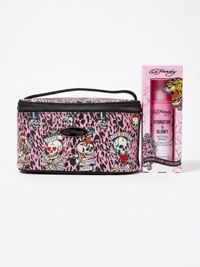 Ed Hardy NWOT/NWT Pink Tattoo Print Cosmetic Bag With Setting Spray